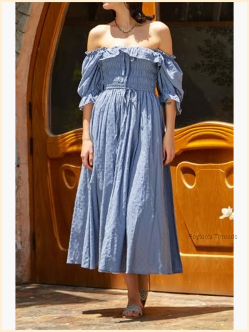 Square Neck Midi Dress Puff Sleeve Smocked Elastic Waist - Picture 4 of 7